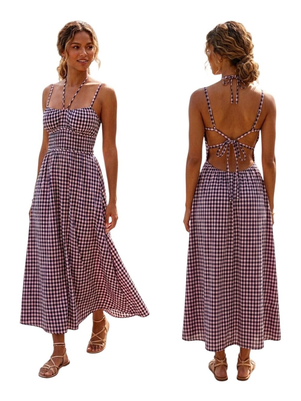 Edit by Nine Gingham Midi Dress Size Small  Pink & Navy Blue Check Open Back